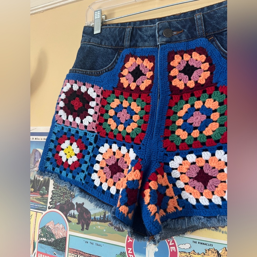FARM Rio Multicolor Crochet Patchwork Denim Shorts - Picture 3 of 8